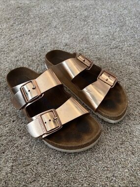 Birkenstock Metallic Copper Double-Buckle Slide Sandals 6
